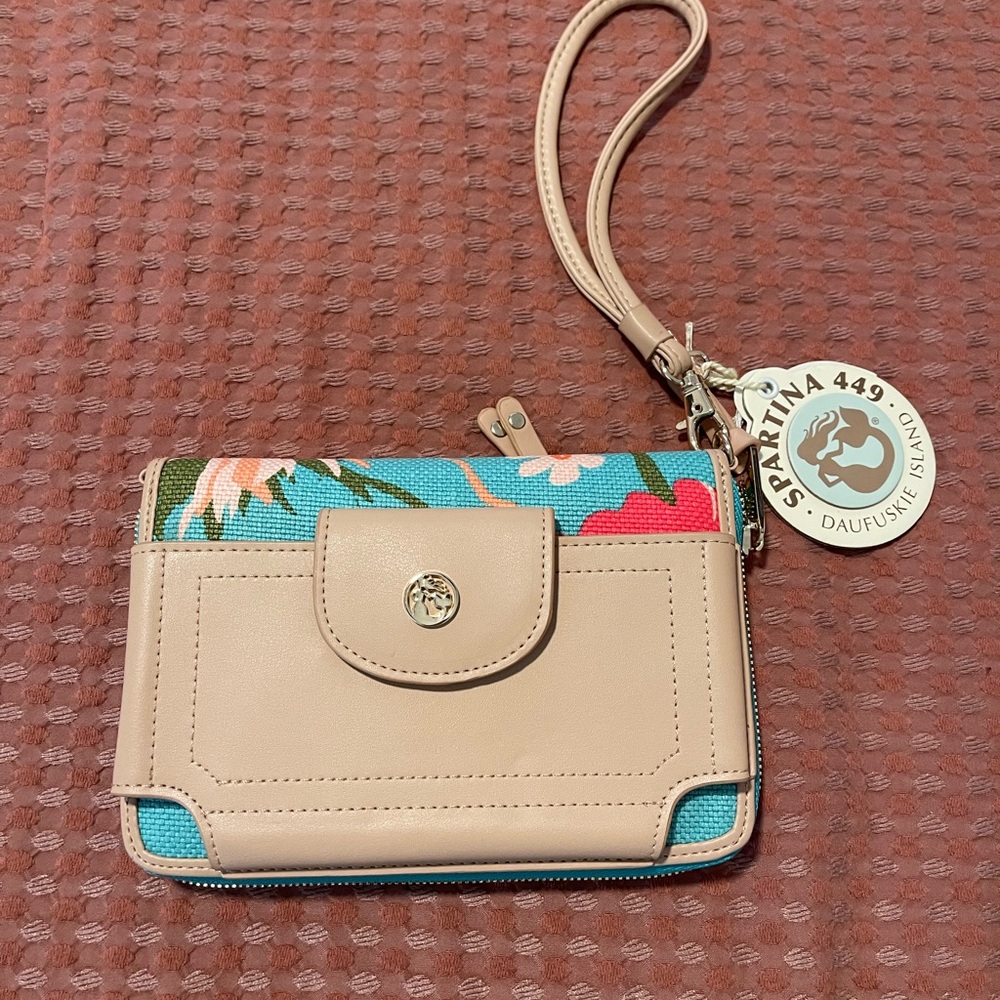 Spartina 449 Beige and Blue Floral Wristlet